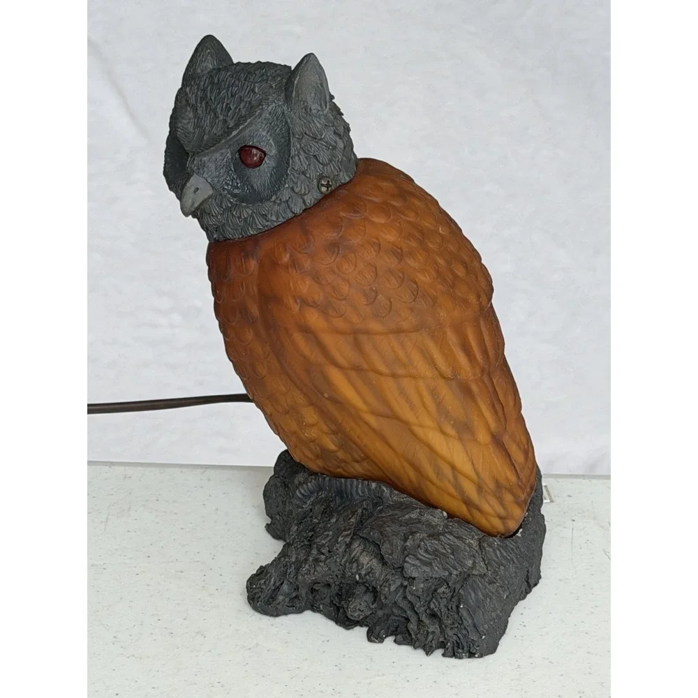 Vintage Lamp Glass Owl with Red Eyes on Resin Base Table Lamp Night Light 8.5